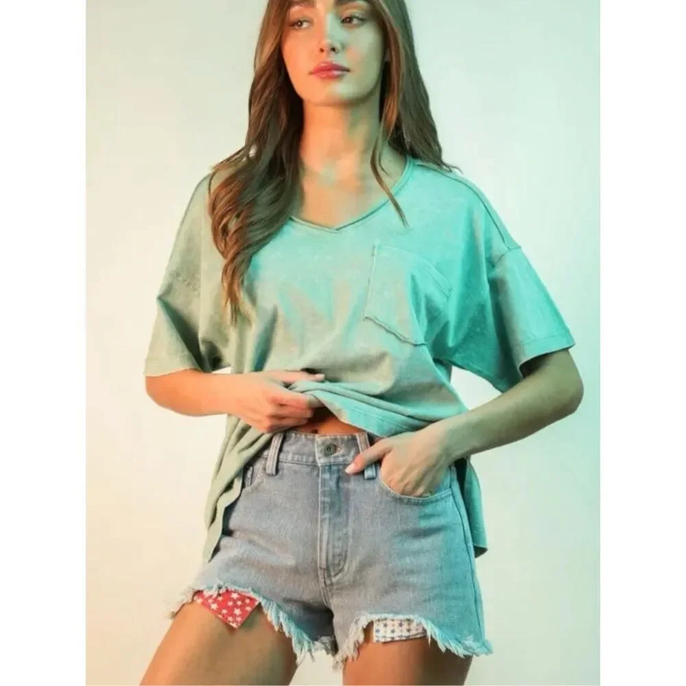 Very J Light Wash Patriotic Distressed Raw Hem Denim Shorts Boho USA Stretch NWT
